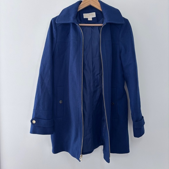 MICHAEL Michael Kors Blue Wool Blend Zip Up Collared Hooded Coat Size Medium - Picture 15 of 15